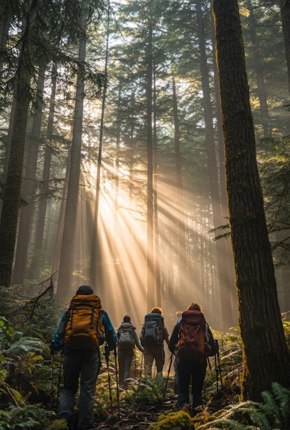 Photo a group of hikers navigating through a dense forest sunlight filtering through the tall trees