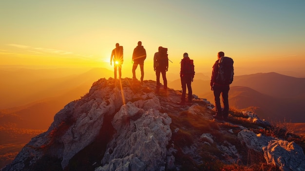 Group of Hikers Standing on Mountain Peak at Sunrise Celebrating Team Success