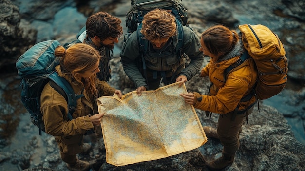 Photo group of hikers studying a map in a natural setting