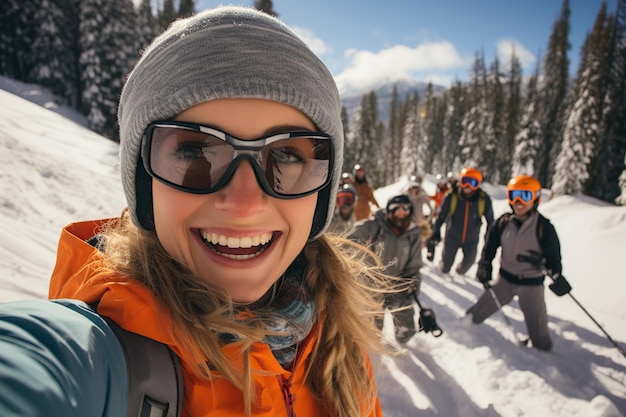 Group of hikers taking a selfie on the mountain in winter AI Generated