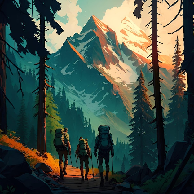 A group of hikers trekking through a dense forest with a mountain range in the background