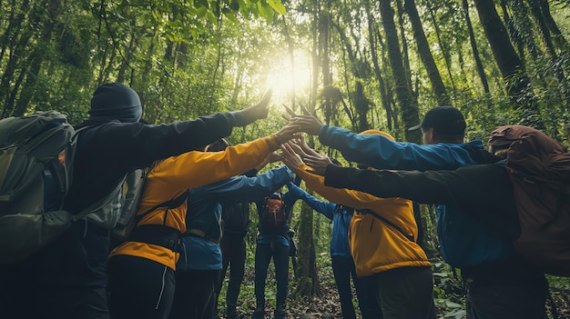 Photo group of hikers with backpacks in forest putting hands together