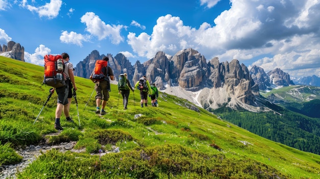 Photo group of hikers with backpacks walking through a vibrant meadow filled with yellow and orange wildflowers