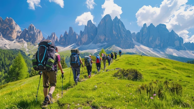 Group of hikers with backpacks walking through a vibrant meadow filled with yellow and orange wildflowers