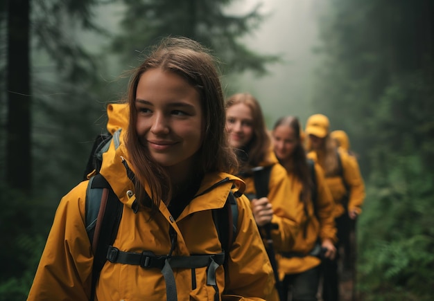 a group hiking in the forest Young women wearing yellow jackets and backpacks with walking sticks