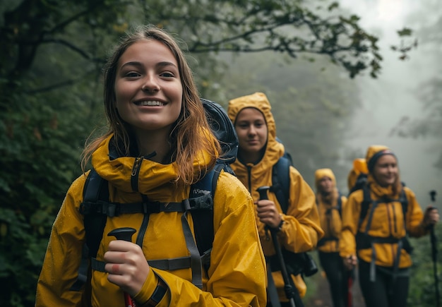 a group hiking in the forest Young women wearing yellow jackets and backpacks with walking sticks