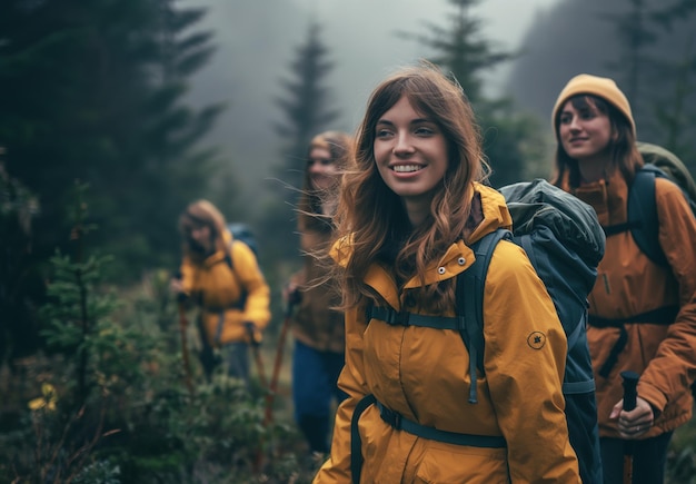 a group hiking in the forest Young women wearing yellow jackets and backpacks with walking sticks