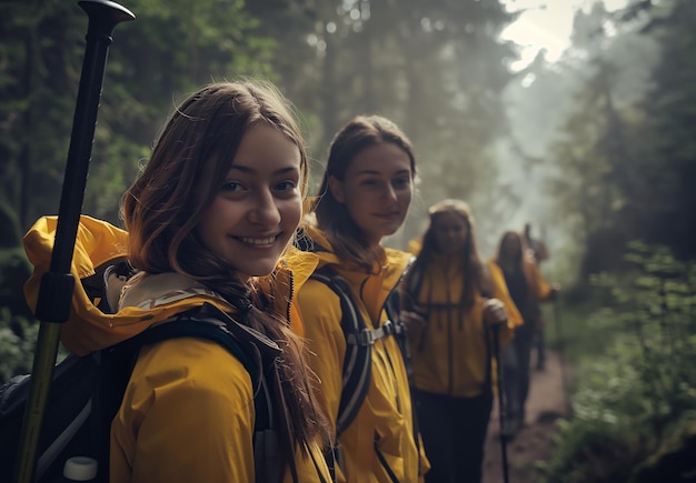 Photo a group hiking in the forest young women wearing yellow jackets and backpacks with walking sticks