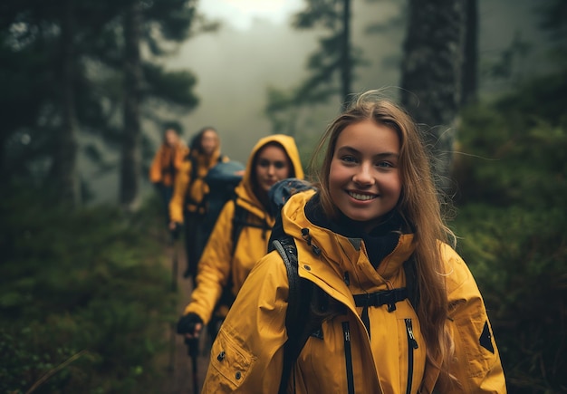 a group hiking in the forest Young women wearing yellow jackets and backpacks with walking sticks