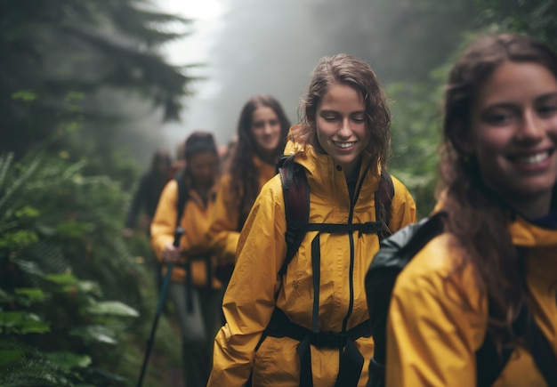 Photo a group hiking in the forest young women wearing yellow jackets and backpacks with walking sticks