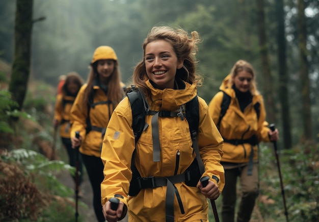 a group hiking in the forest Young women wearing yellow jackets and backpacks with walking sticks