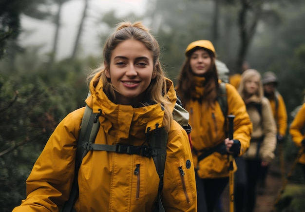 a group hiking in the forest Young women wearing yellow jackets and backpacks with walking sticks