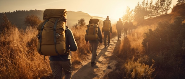 Group hiking in the mountains A group of people is walking along the mountains Generative AI