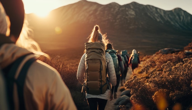 Group hiking in the mountains A group of people is walking along the mountains Generative AI