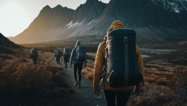 Group hiking in the mountains A group of people is walking along the mountains Generative AI