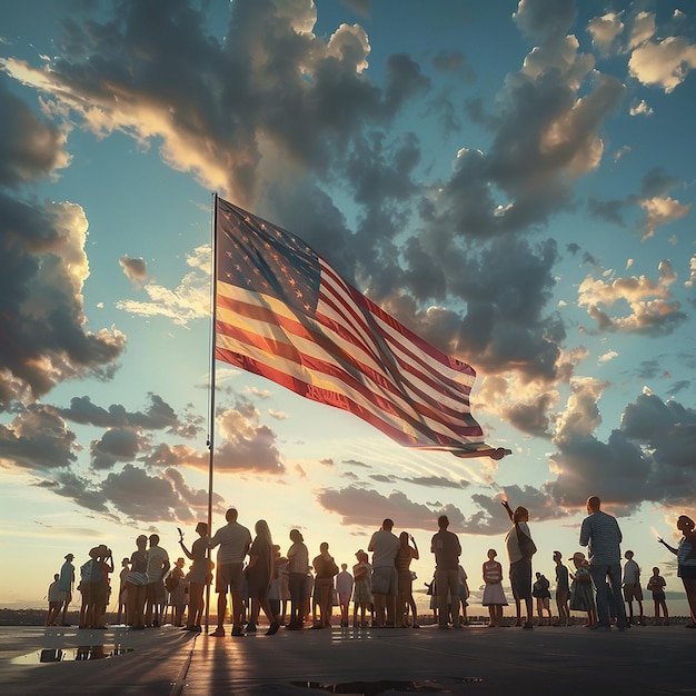 Group Holding Large American Flag