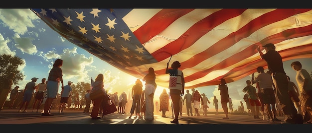 Group Holding Large American Flag