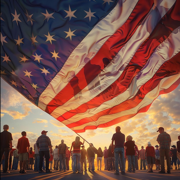 Group Holding Large American Flag