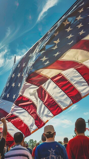 Group Holding Large American Flag