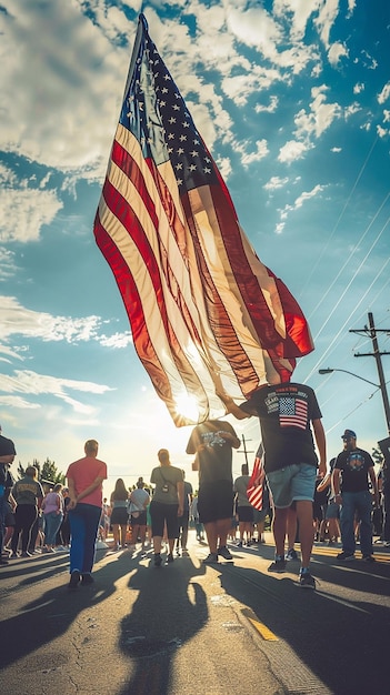 Group Holding Large American Flag