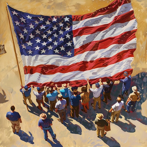 Group Holding Large American Flag