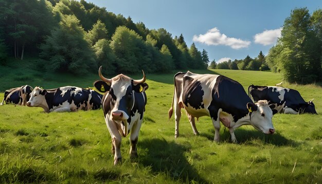 Photo group of holstein cows grazing in lush green field under clear blue sky on a sunny day