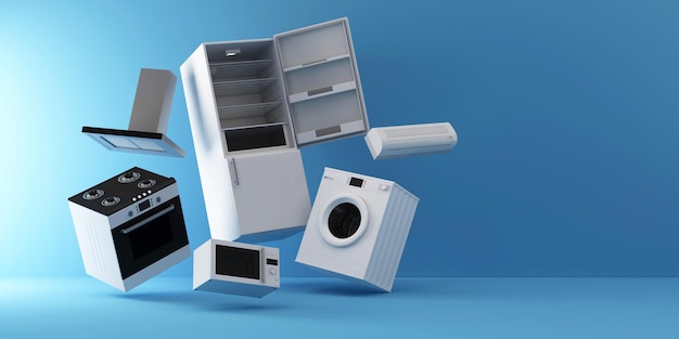 Group of home appliances Levitation on blue studio background