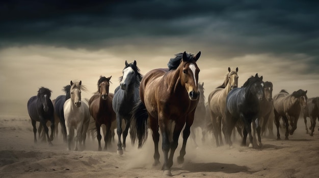 A group of horses running in the desert