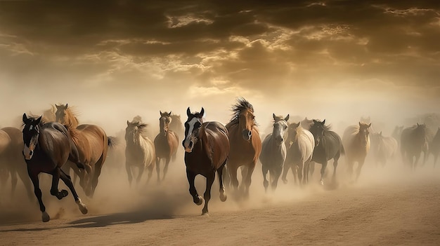 A group of horses running in the desert