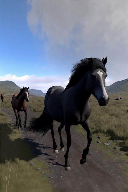 Group of horses running down a dirt road generative ai