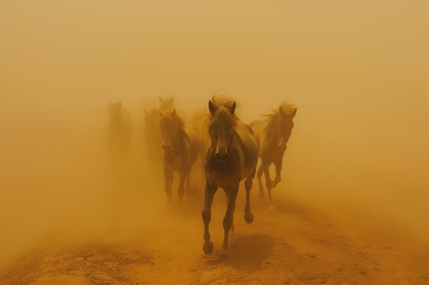 Group of horses running in dust