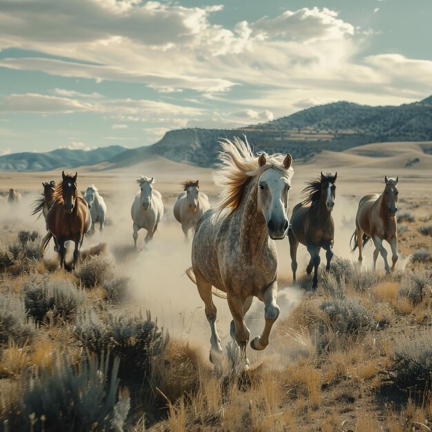 a group of horses running in a field with mountains in the background