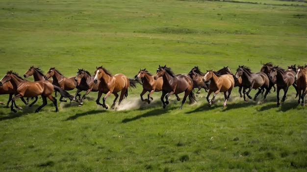 a group of horses running in a field with one being herded