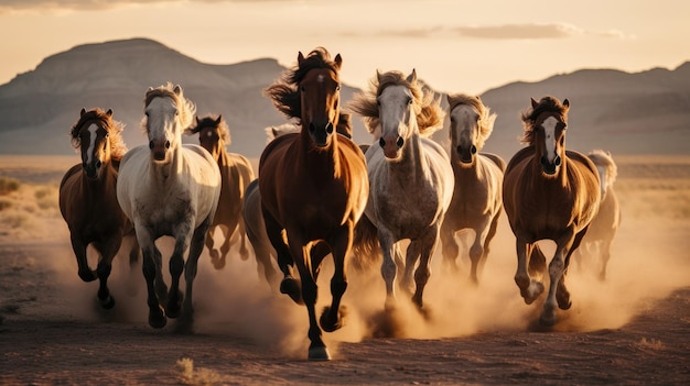 Group of horses running gallop in the desert Generative AI