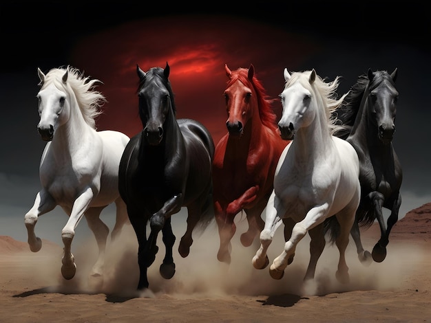 a group of horses running in a line with the word  the  red  on the bottom