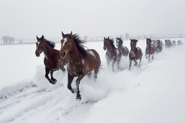 Photo a group of horses running in the snow