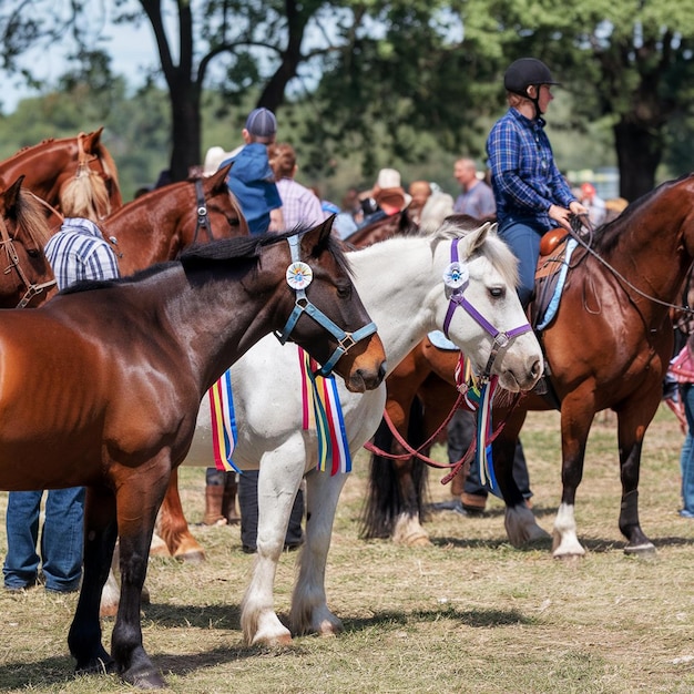 Photo a group of horses with a man on their backs and one has a hat on it that says  no