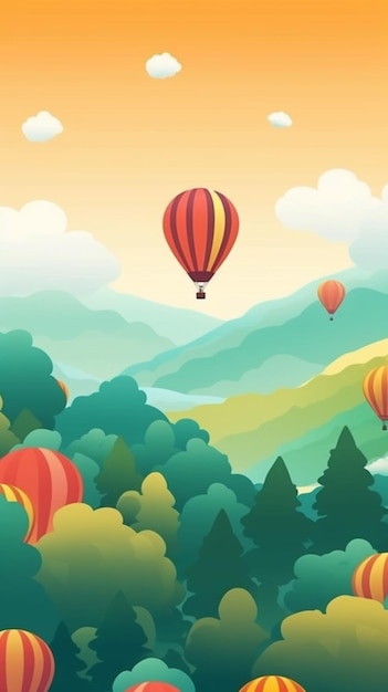 A group of hot air balloons flying over a lush green forest generative ai