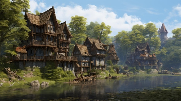 a group of houses by a river