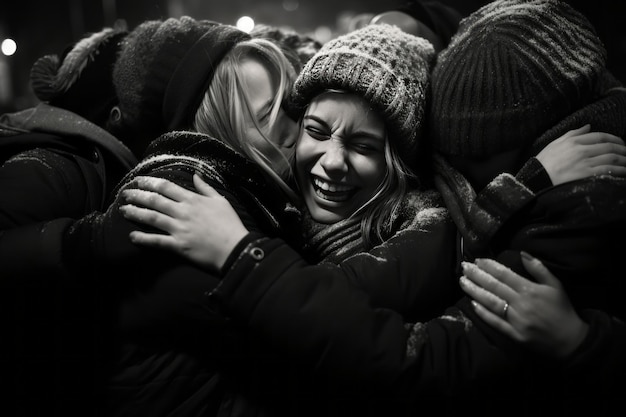 Group hug at midnight new year photo