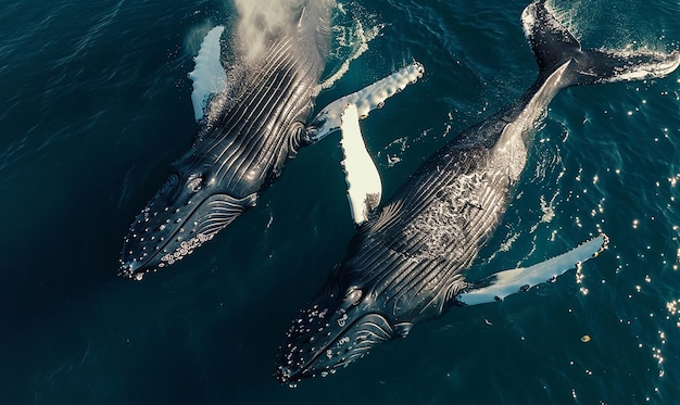 a group of humpback whales are swimming in the ocean