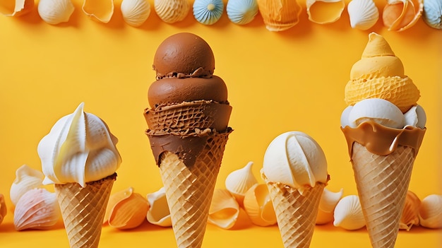 Photo a group of ice cream cones are shown on a yellow background