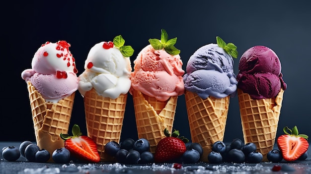 A group of ice cream cones with berries