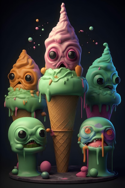 A group of ice cream cones with one of them with a face and a smile on the top