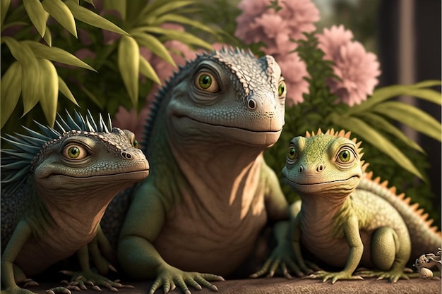 A group of iguanas with a green lizard on the background of flowers.