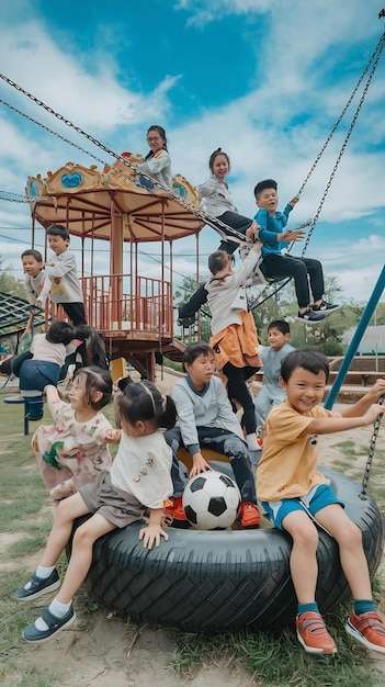 Group image of asian children having fun in the park