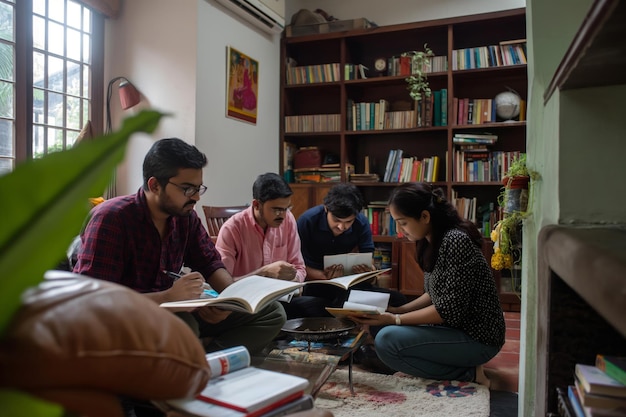 Group of indian friends engrossed in reading books