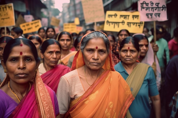 A group of Indian women in traditional sari outdoors on protest Generative AI