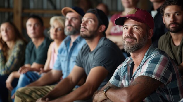 Photo a group of individuals is gathered indoors attentively watching a presentation there is a mix of expressions indicating interest and engagement in the topic being discussed