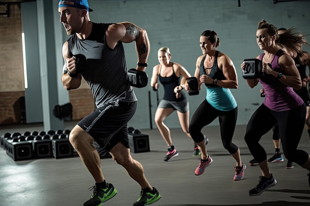 A group of individuals participating in a fitness class led by an instructor This highenergy class includes a variety of exercises to improve cardiovascular health strength Generative AI